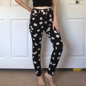 Black Daisy Patterned Jeans